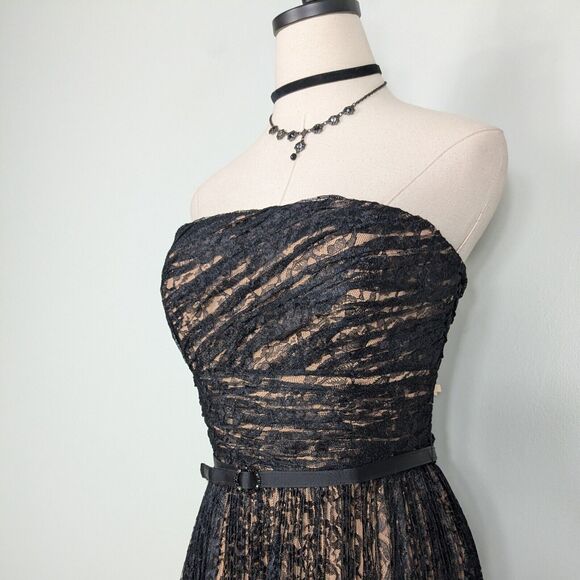 Badgley Mischka Midi Dress Cocktail Gown Black 8 Lace Strapless Glam Classic - Picture 6 of 16
